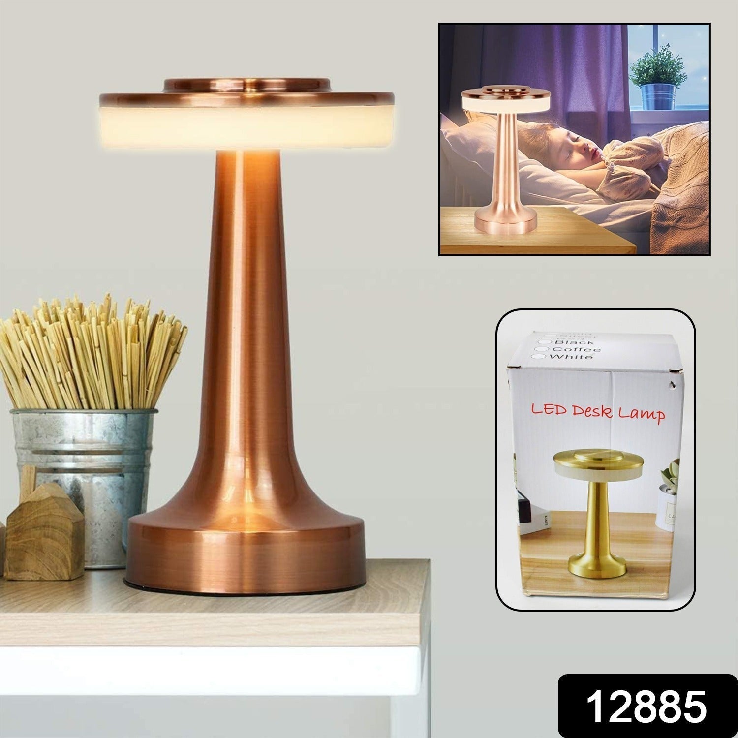 Rechargeable LED table lamp displaying its three distinct color modes.