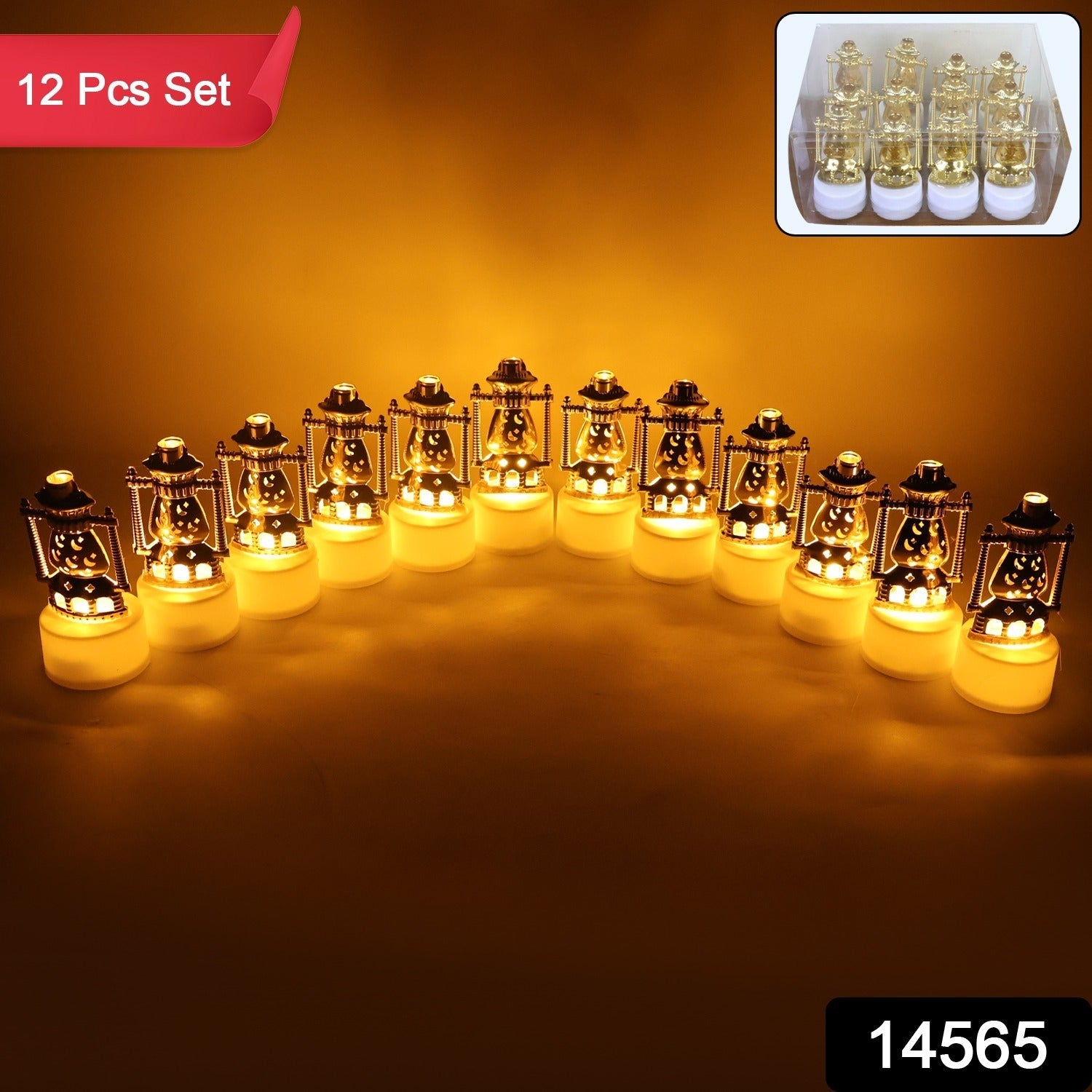 Close-up of decorative flameless LED candles with vintage lantern design