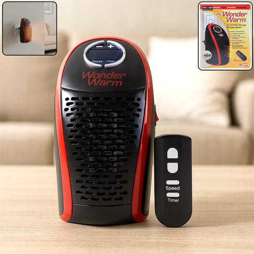 Front view of 400W wall plug room heater with black and red finish