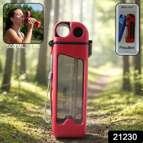 Portable gym water bottle in red with transparent body and measurement scale