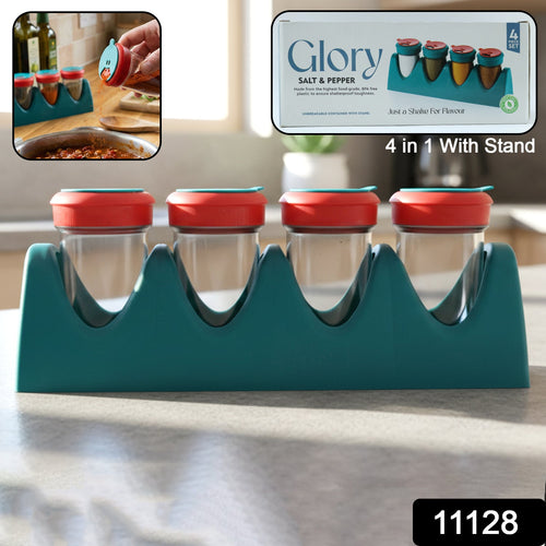 Compact 4-in-1 spice shaker set arranged on kitchen counter for seasoning