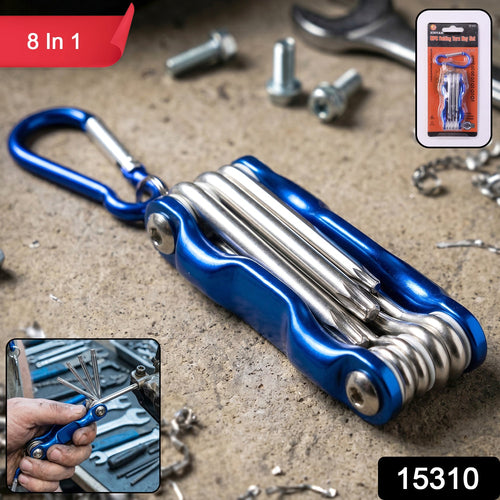 Unfolded cycling repair multi tool showing screwdrivers & hex keys
