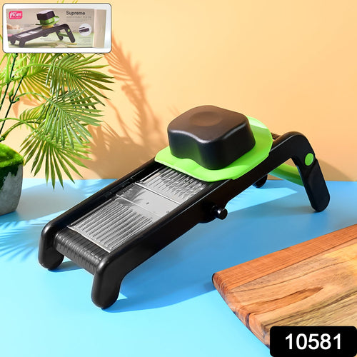 Close-up of adjustable slicer showing stainless steel blade design