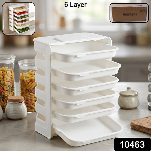 close-up of 6-layer kitchen organizer rack showing stackable layers
