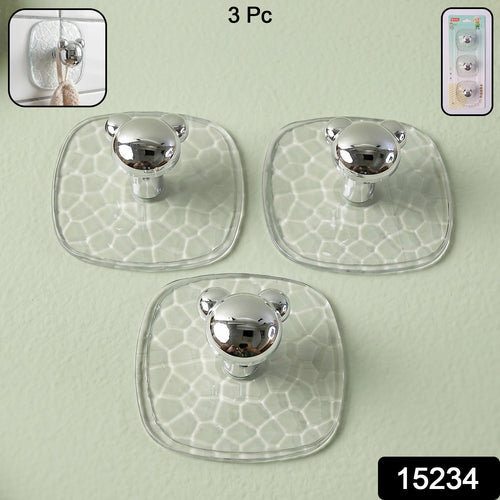 Packaging of 3-piece set of clear adhesive wall hooks from Indo Glow.